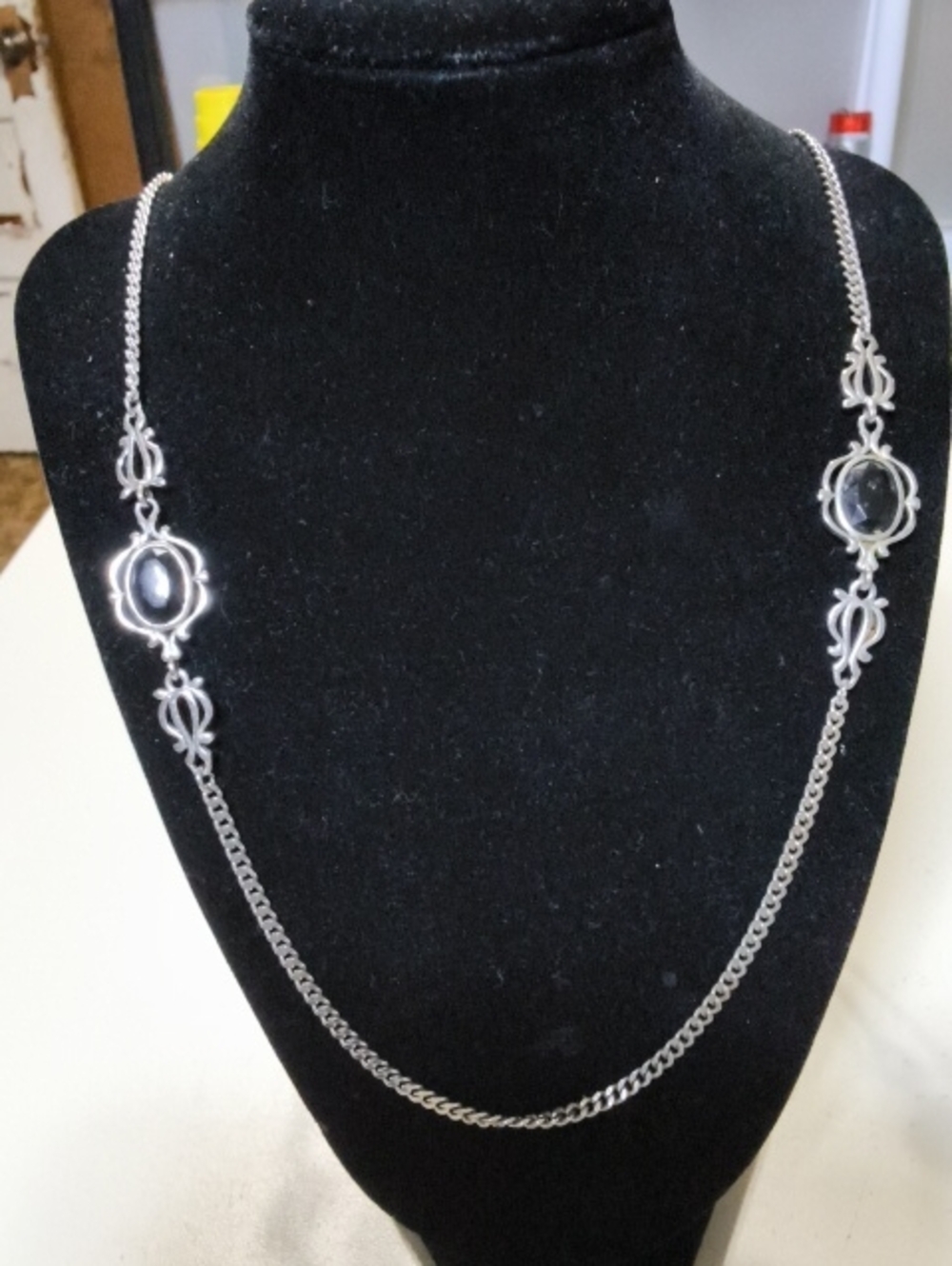 P7.  Sarah Coventry Silver-Tone Necklace with Black Cabochons